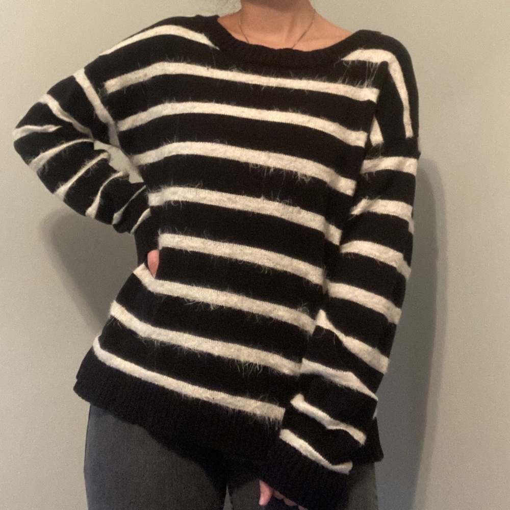 Sweater Project Black + Fuzzy White Stripe Sweater